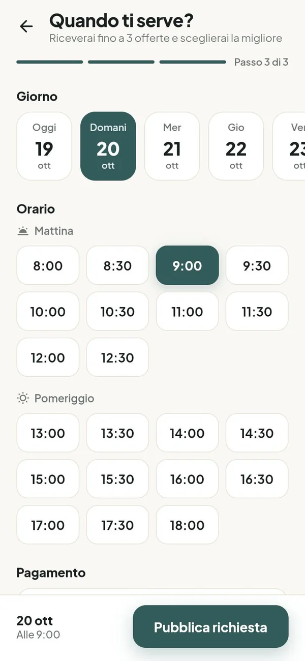 Schermata di Easy Life: scelta di giorno e orario