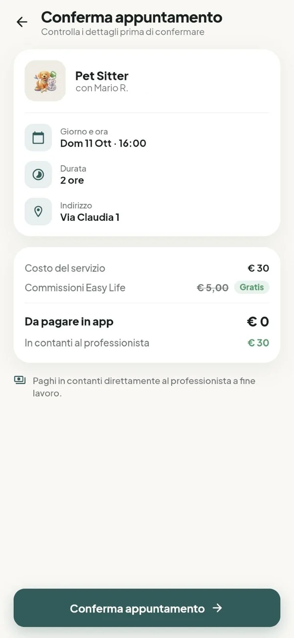 Schermata di Easy Life: conferma dell'appuntamento